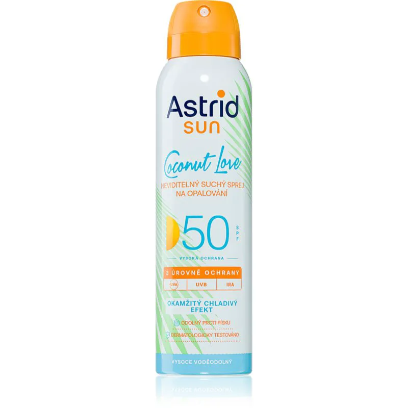 Astrid Sun Coconut Love δροσερό αόρατο αντηλιακό σπρέι SPF 50 πολύ μεγάλη προστασία απο τον ήλιο 150 ml