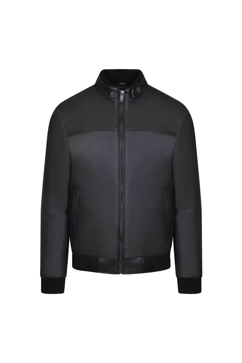 Prince Oliver ανδρικό δερμάτινο bomber jacket Modern Fit - 16997036 Μαύρο