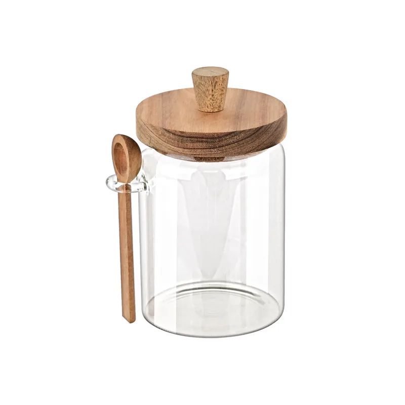 Δοχείο Αποθήκευσης Με Κουτάλι Γυάλινο-Acacia Estia 850ml-9,7x12x17εκ. 01-17460 (Υλικό: Ξύλο) - estia - 01-17460