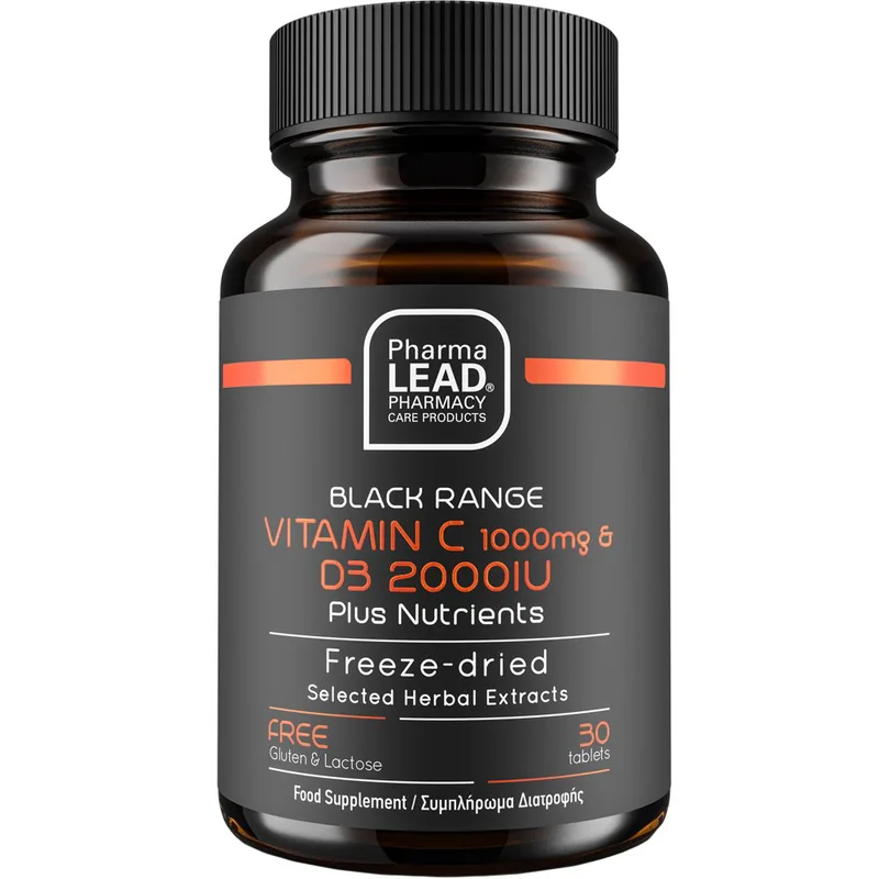 Pharmalead Black Range Vitamin C 1000mg & Vitamin D3 2000IU Συμπλήρωμα Διατροφής Βιταμίνης C, D3 & Εκχυλίσματος Βοτάνων για την Ενίσχυση του Ανοσοποιητικού, Μείωση της Κόπωσης & Αντιοξειδωτική Δράση 30tabs