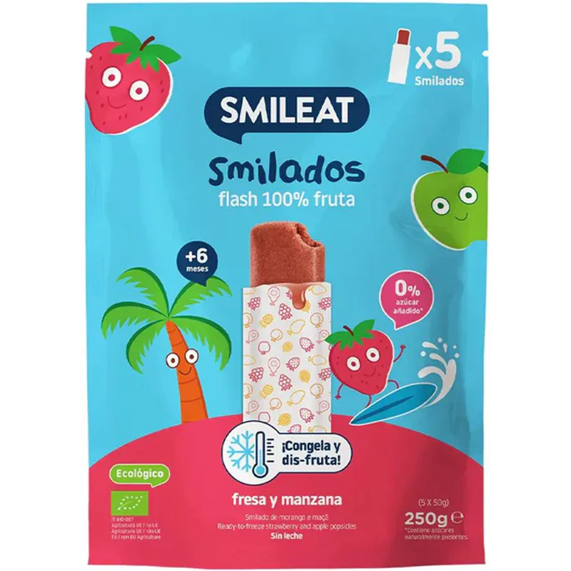 Smileat Organic Smilado Strawberry & Apple 6m+ Βρεφικές Γρανίτες από 100% Βιολογικό Πολτό Φρούτων, Φράουλα & Mήλο, Χωρίς Γλουτένη από τον 6ο Μήνα 250g (5 x 50g)