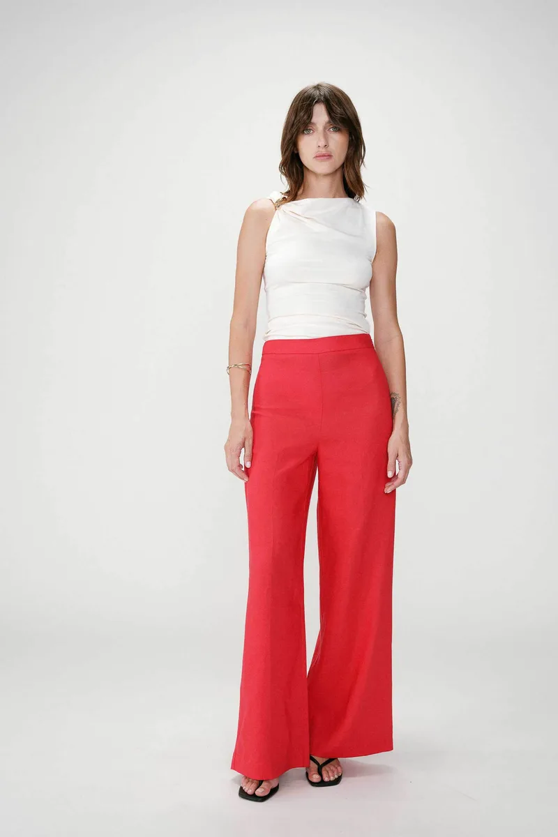 Grace & Mila γυναικείο παντελόνι μονόχρωμο Wide Leg "Wesley" - WESLEY Κόκκινο