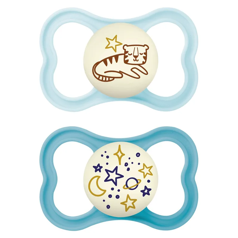 Mam Supreme Night Silicone Soother 16m+, Κωδ 298S, 2 Τεμάχια Ορθοδοντική Πιπίλα Σιλικόνης που Λάμπει στο Σκοτάδι - Γαλάζιο / Μπλε
