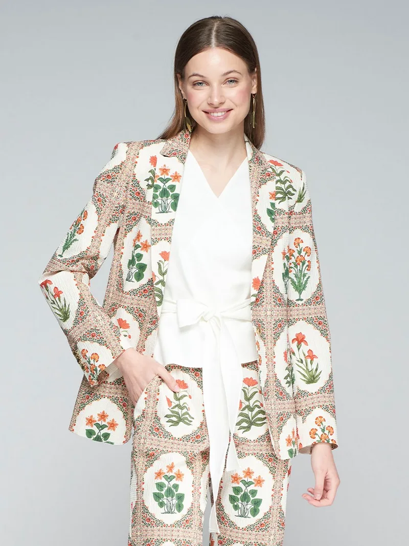Vilagallo Γυναικείο Σακάκι Regular Fit Seersucker Floral Εκτύπωση