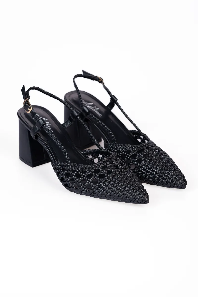 Μυτερές γόβες open heel με χοντρό τακούνι και πλεκτό σχέδιο - Μαύρο