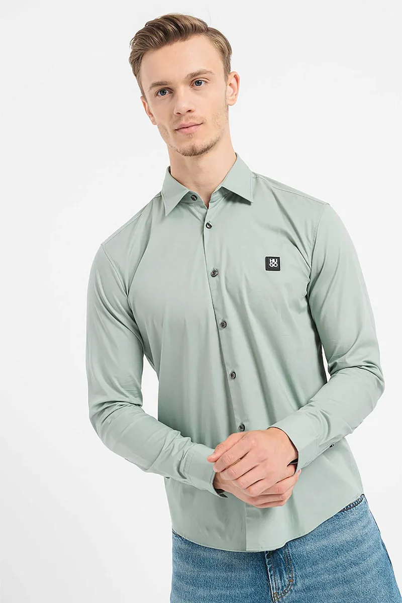 Hugo Boss ανδρικό πουκάμισο μονόχρωμο με logo patch - 50505315 Βεραμάν Ανοιχτό