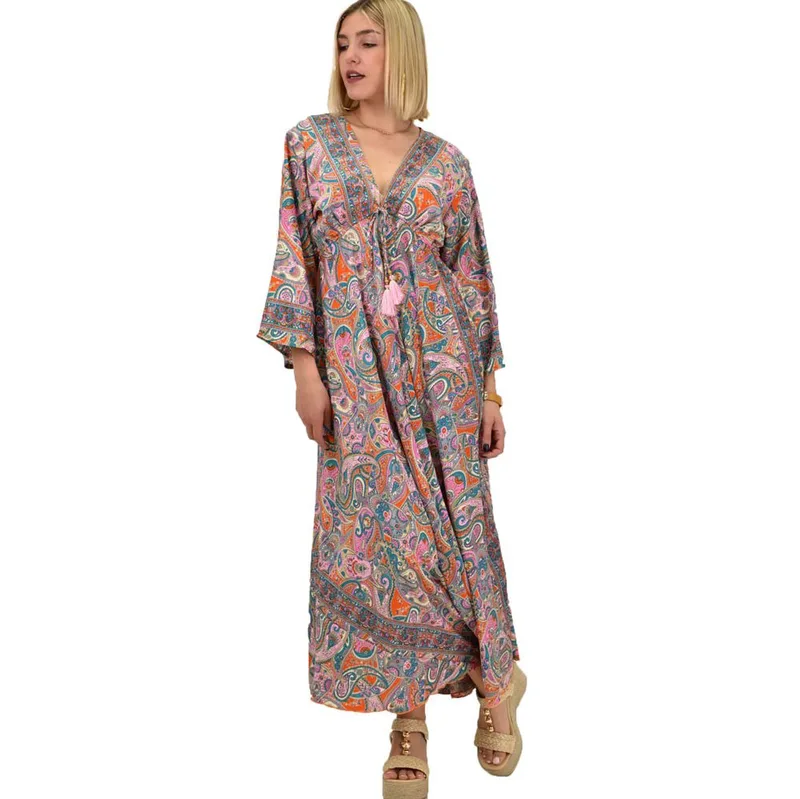 Γυναικείο μεταξωτό boho φόρεμα με κρόσια Ροζ 20585