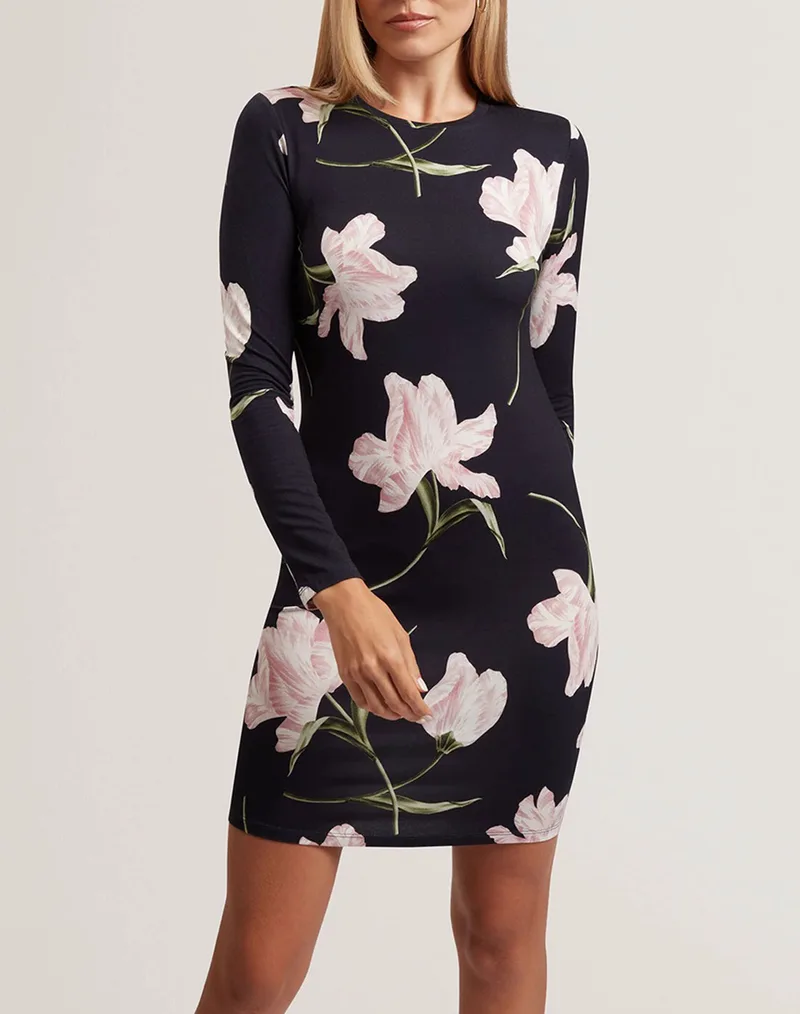 TED BAKER BAAFNEE Printed Long Sleeve Fitted Mini Dress 282676-NAVY NavyBlue