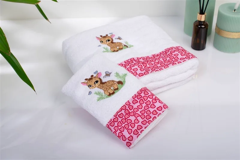 Σετ Βρεφικές Πετσέτες 2 Τεμαχίων Dimcol Giraffe 172 30X50-70X140 White-Ροζ