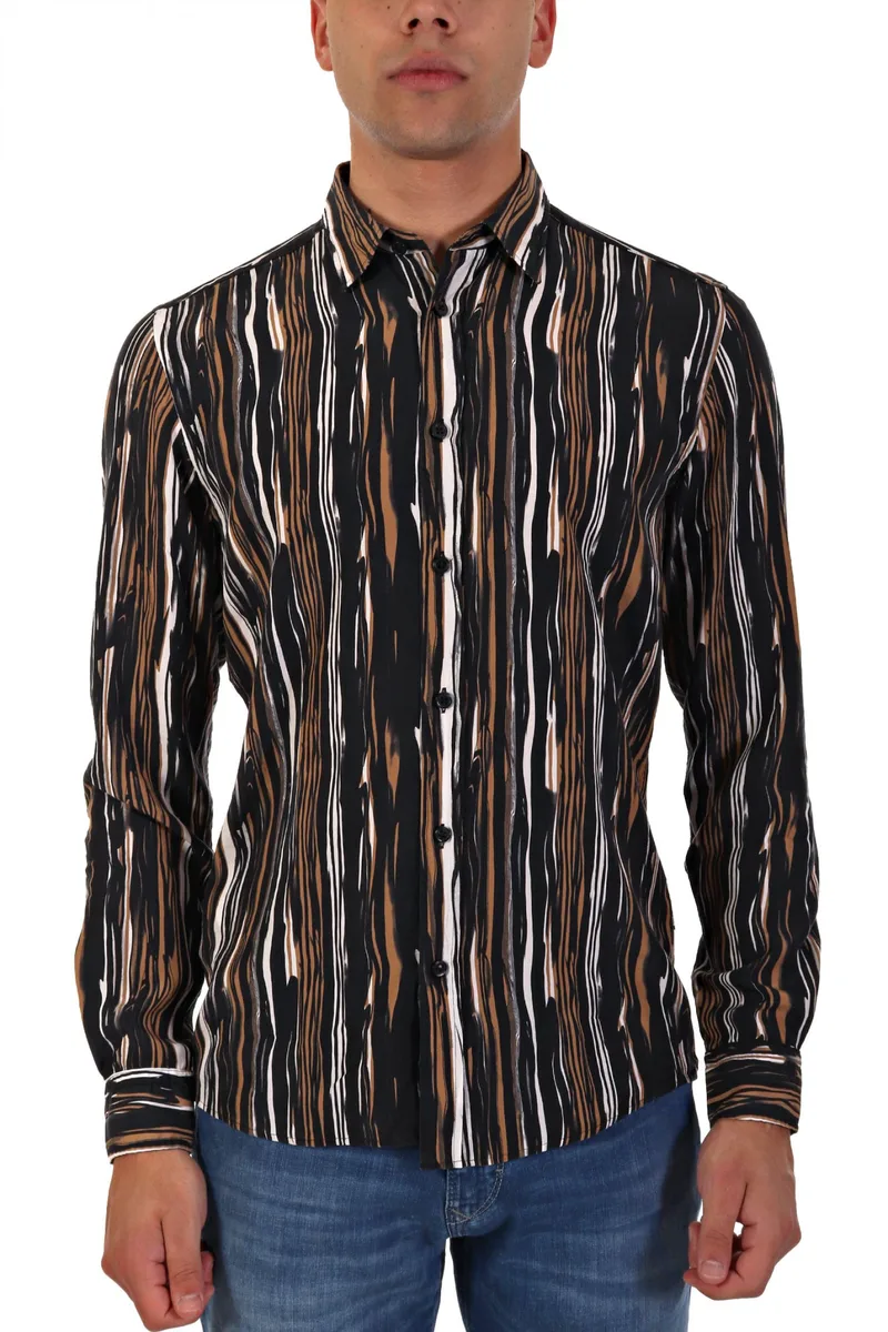 BOSS ΠΟΥΚΑΜΙΣΟ REGULAR FIT ΡΙΓΕ S-LIAM-KENT-C1-233 ΜΑΥΡΟ-ΤΑΜΠΑ-ΛΕΥΚΟ