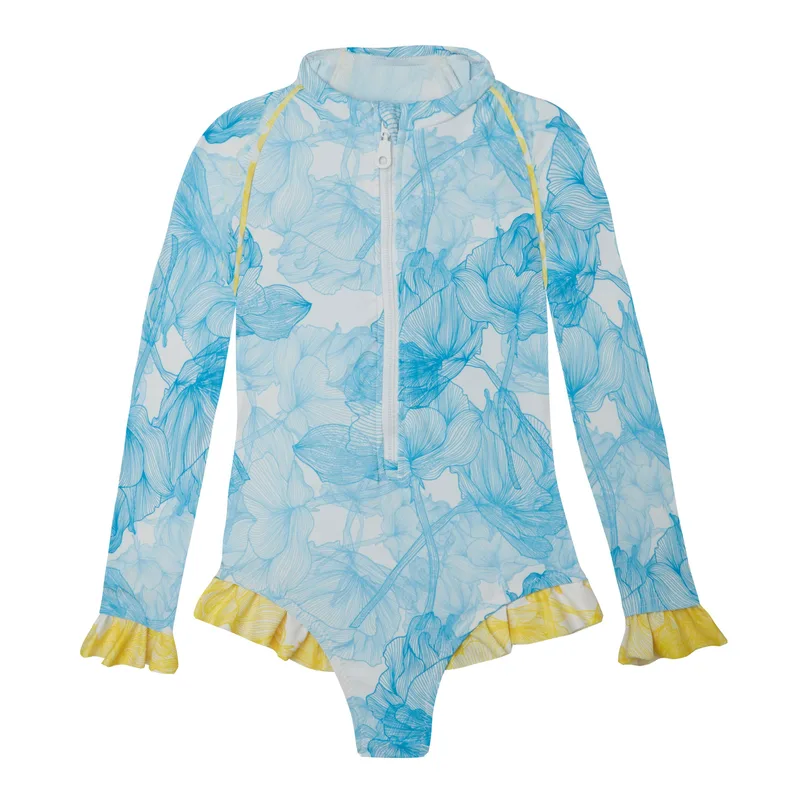 GIRL'S ONE PIECE LONG SLEEVE RUFFLES FLOWERS BLUE