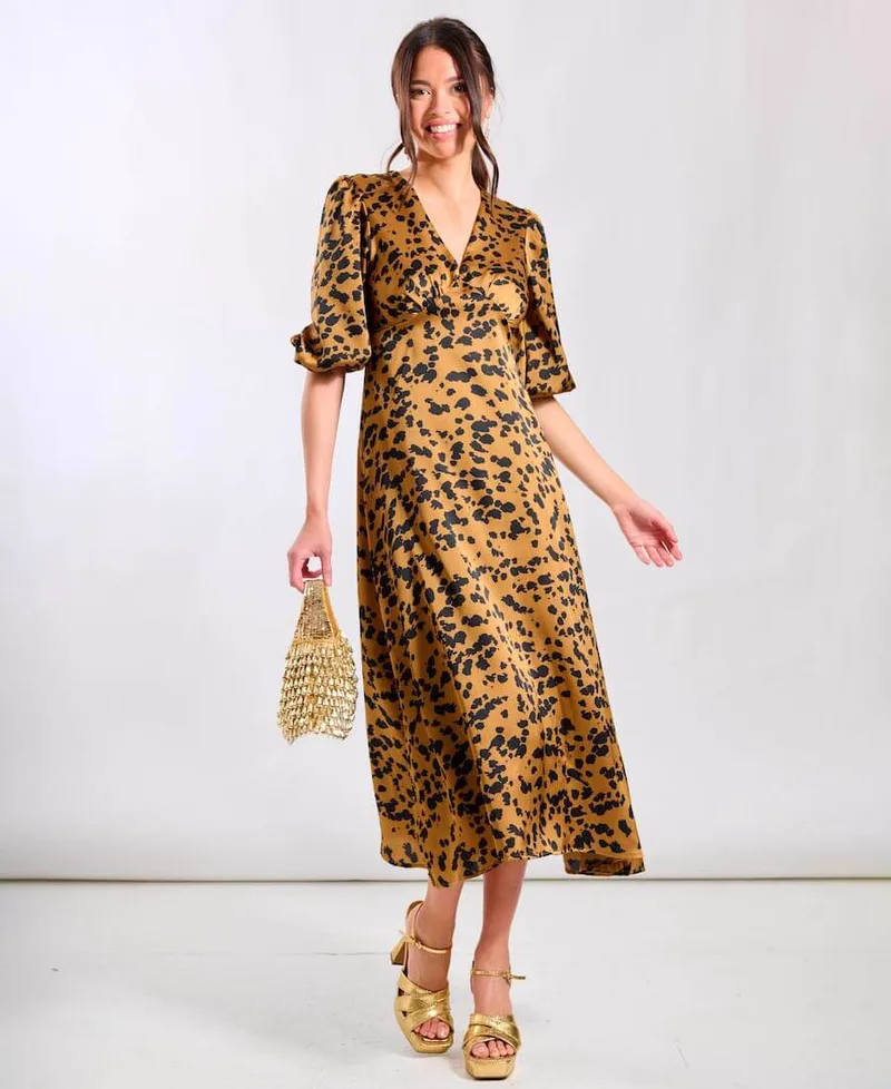 Brown Leopard Satin Midi Dress | Clothing Size: 10