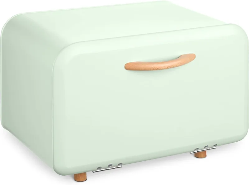 Navaris Bread Bin / Metal Bread Box - Μεταλλική Ψωμιέρα / Κουτί Αποθήκευσης Ψωμιού με Μαγνητικό Πορτάκι / Καπάκι από Ξύλο Οξιάς - Mint Green (51503.02.71)