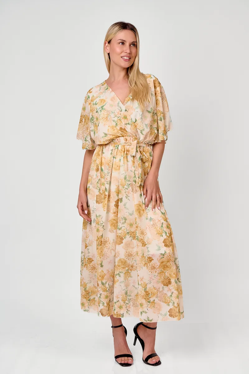 Maxi Φόρεμα Floral Με Ζώνη Σε Κίτρινο Χρώμα Κίτρινο