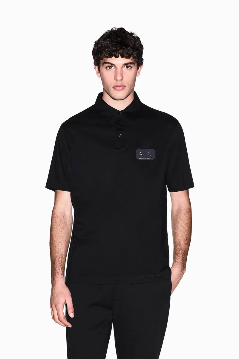 Armani Exchange ανδρική κοντομάνικη μπλούζα πόλο με ανάγλυφο monogram patch Regular Fit - XM002232AF10364 Μαύρο
