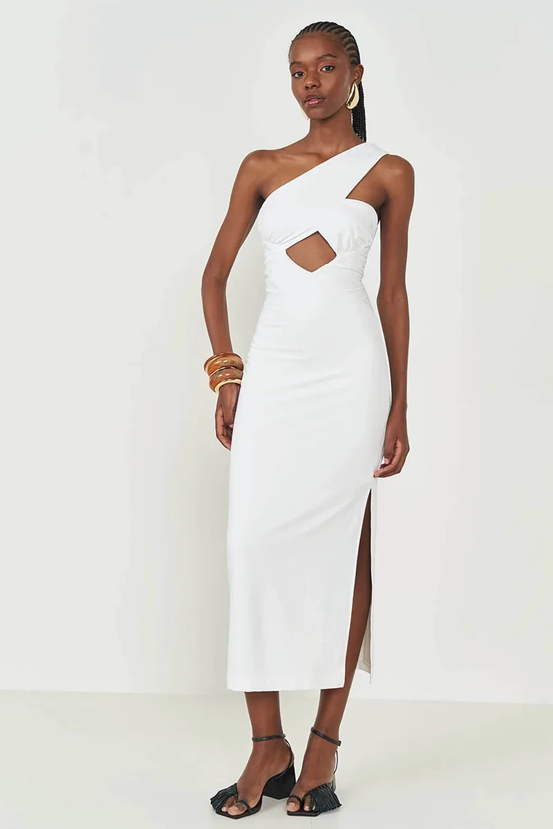 Colcci γυναικείο midi αμάνικο φόρεμα με cut out και off-shoulder σχέδιο - 044.01.14562 Λευκό