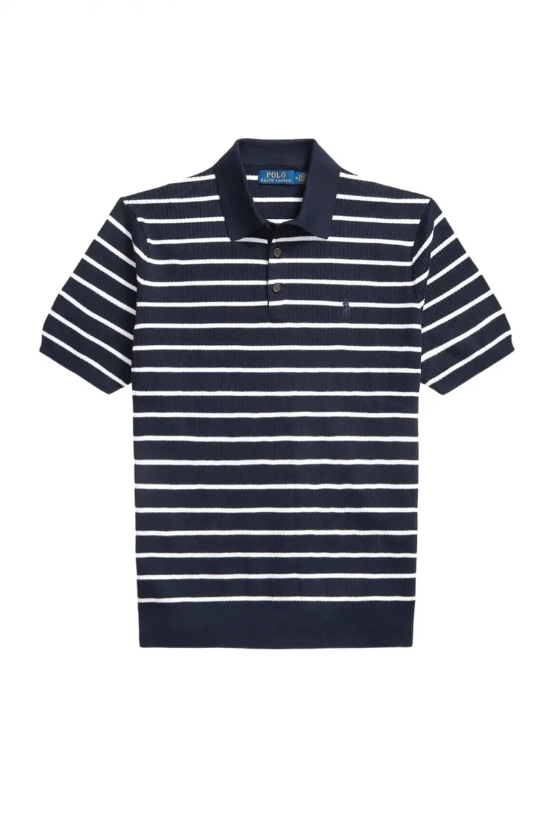 RALPH LAUREN POLO ΠΛΕΚΤΟ ΡΙΓΕ LOGO ΜΠΛΕ-ΛΕΥΚΟ