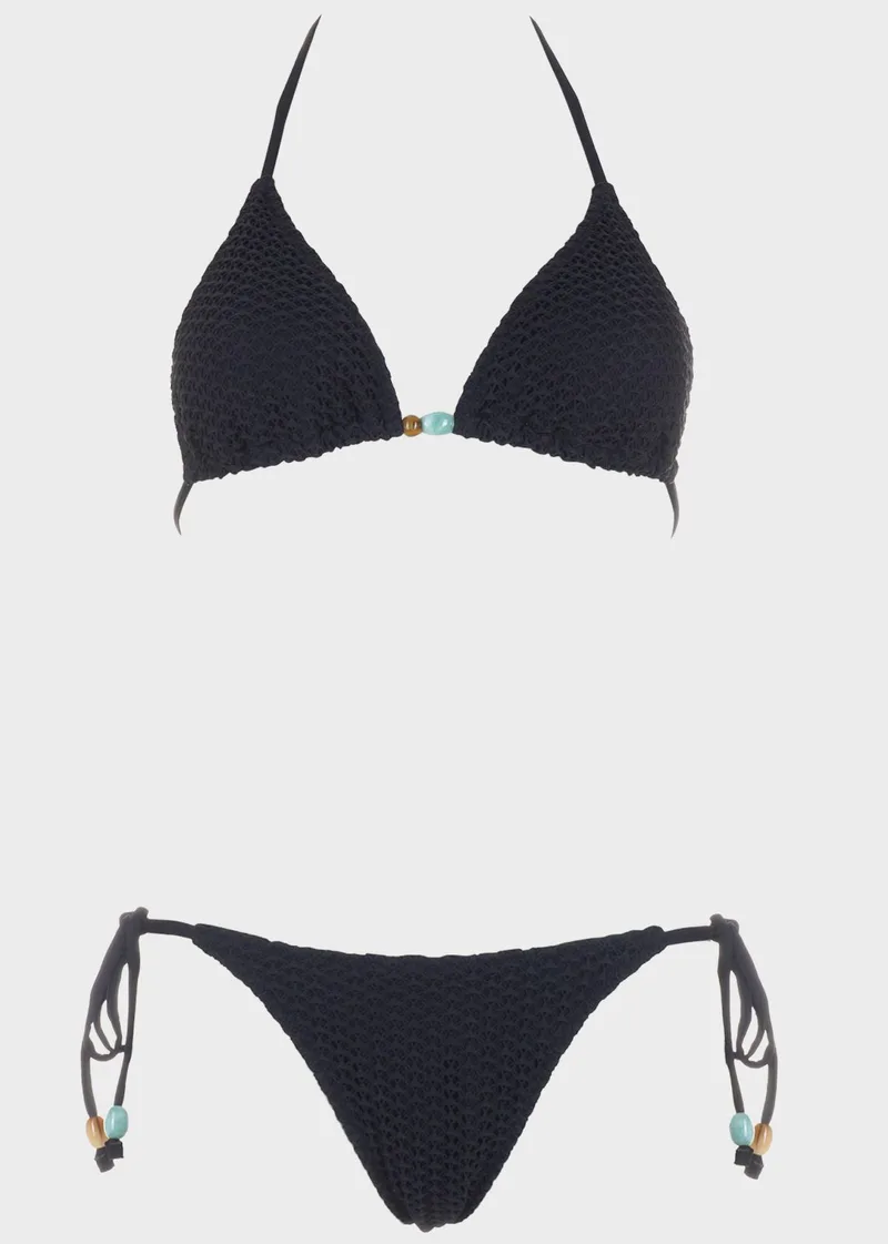 Γυναικείο σετ bikini τριγωνάκι μονόχρωμο διακοσμητικές χάντρες.Καλύπτει B Cup ΜΑΥΡΟ