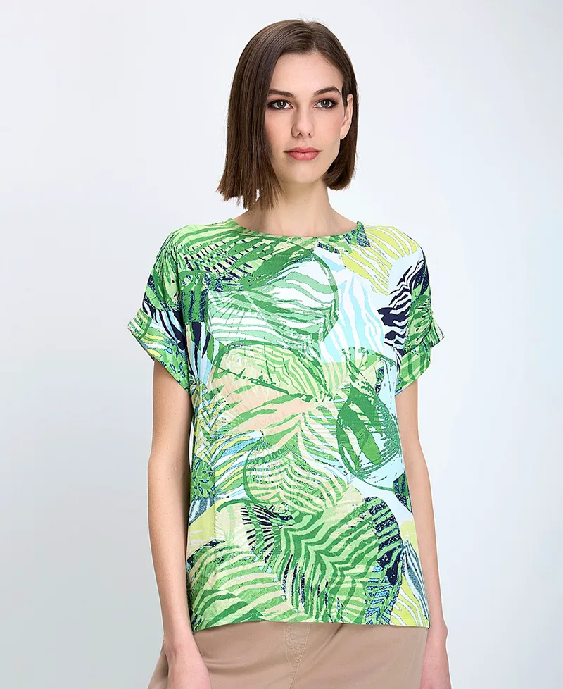 Γυναικείο T-Shirt Κανονική Γραμμή Βισκόζη Με Τροπικό Print Πράσινο