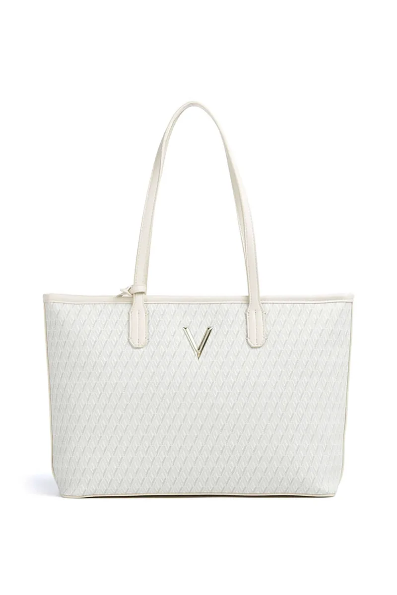 Valentino γυναικεία τσάντα tote με μεταλλικό λογότυπο και all-over logo print "Queen Re" - 73LVBS9OX01/QUE Εκρού