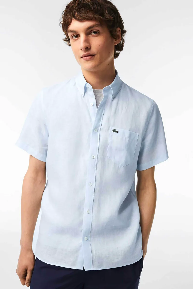 Lacoste ανδρικό λινό πουκάμισο κοντομάνικο με τσέπη και κεντημένο λογότυπο Regular Fit - CH5699 Σιελ