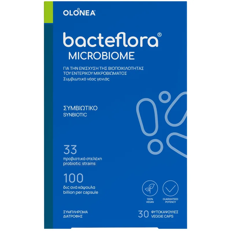 Olonea Bacteflora Microbiome Synbiotic Συμπλήρωμα Διατροφής με Προβιοτικά για την Αποκατάσταση της Ισορροπίας του Εντερικού Μικροβιώματος 30veg.caps