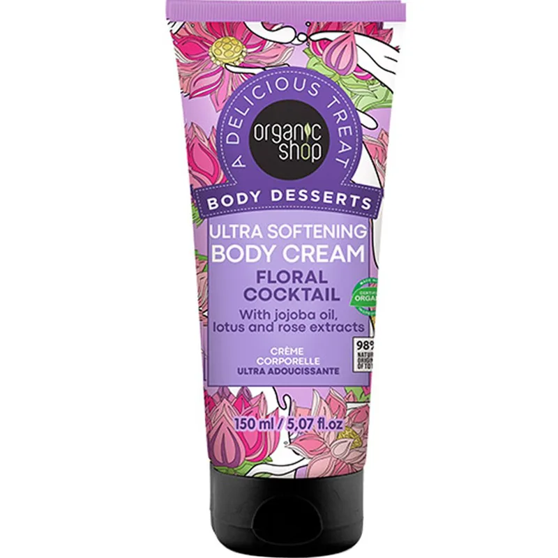Organic Shop Body Desserts Floral Cocktail Ultra Softening Body Cream Απαλή Ενυδατική Κρέμα Σώματος με Έλαιο Jojoba, Εκχυλίσματα Λωτού & Τριαντάφυλλου με Χαλαρωτικό  Άρωμα Λουλουδιών 150ml