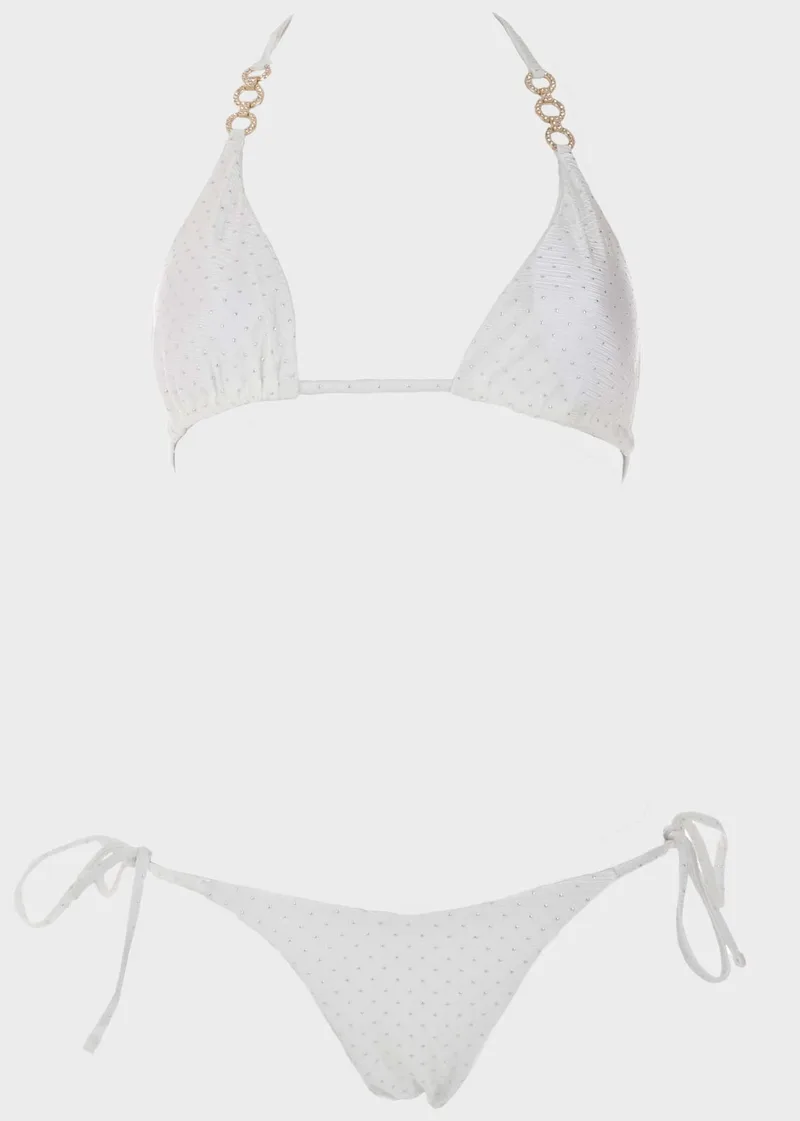 Γυναικείο σετ μαγιό bikini τριγωνάκι αποσπώμενη επένδυση διακοσμητικά τρούκς slip παρτό. Καλύπτει B CUP. ΛΕΥΚΟ