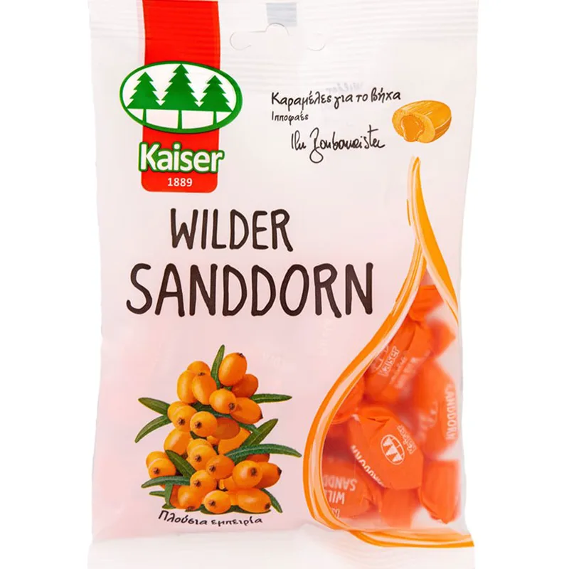 Kaiser Wilder Sanddorn Καραμέλες για τον Ερεθισμένο Λαιμό & τον Βήχα με Γέμιση Από Ιπποφαές 90g