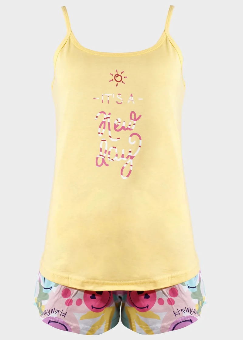 Γυναικείο baby doll Vienetta λεπτή τιράντα all print smile σόρτς ΚΙΤΡΙΝΟ