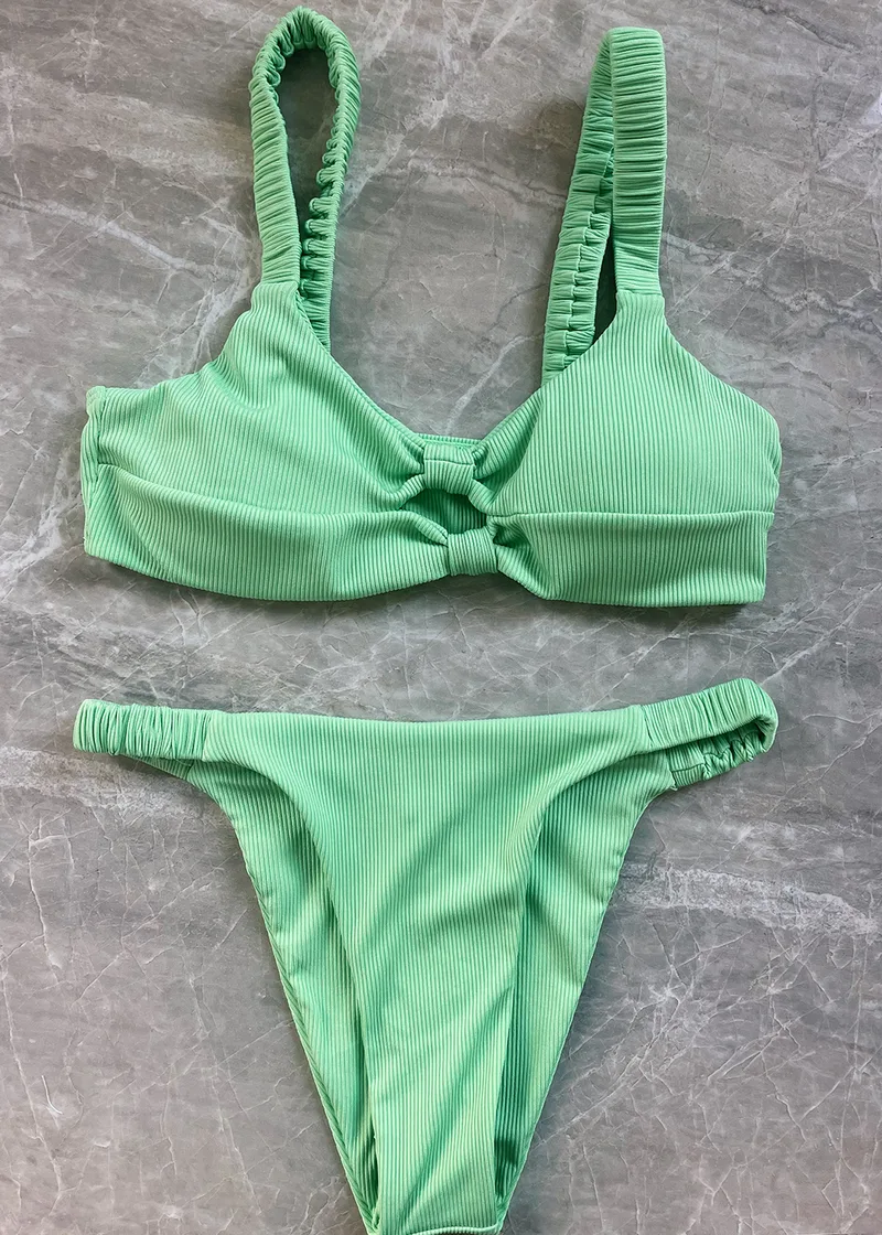 Ribbed Double Twist High Cut Bikini Swimwear Πράσινο