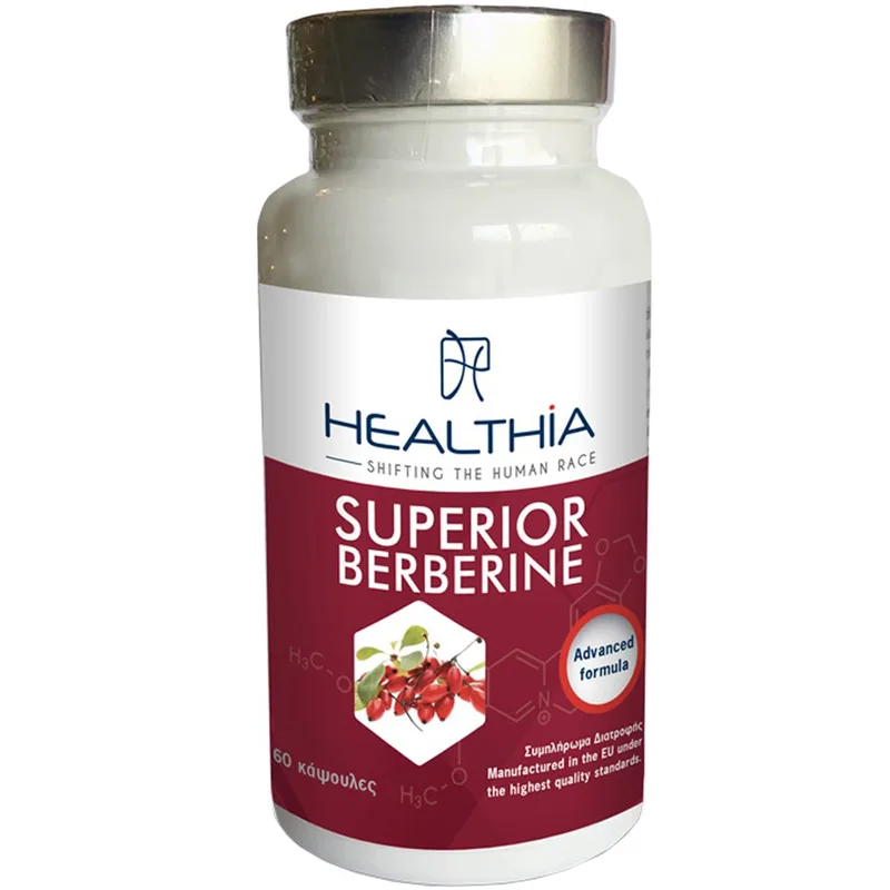 Healthia Superior Berberine Συμπλήρωμα Διατροφής Εκχυλίσματος του Φυτού Berberis Aristata Υψηλής Περιεκτικότητας σε Βερβερίνη & Βιταμινών, Μετάλλων για τον Έλεγχο του Σακχάρου στο Αίμα, Καλή Υγεία της Καρδιάς & Έλεγχο Βάρους 60caps