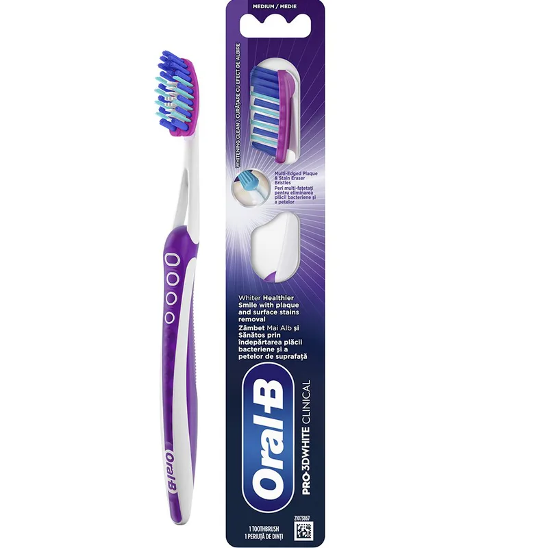 Oral-B Pro 3D White Clinical Medium Toothbrush Χειροκίνητη Οδοντόβουρτσα με Μεσαίας Σκληρότητας Ίνες για Αφαίρεση της Πλάκας & των Επίμονων Λεκέδων 1 Τεμάχιο - Μωβ