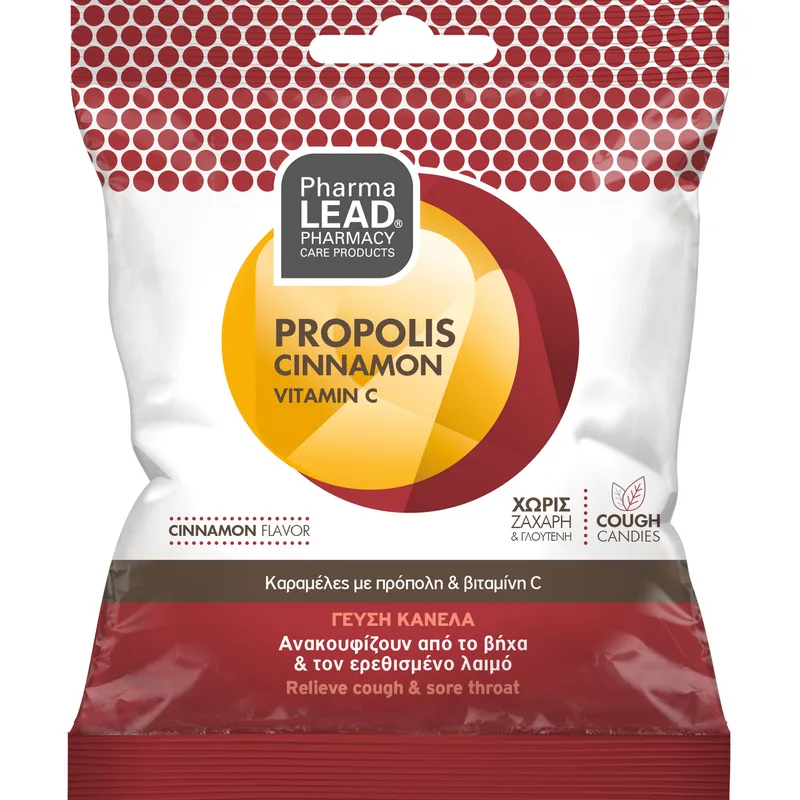 Pharmalead Propolis, Cinnamon & Vitamin C Sore Throat & Cough Candies Καραμέλες με Πρόπολη, Κανέλα & Βιταμίνη C που Μαλακώνουν τον Ερεθισμένο Λαιμό & Ανακουφίζουν από το Βήχα & το Πονόλαιμο με Γεύση Κανέλα 40g