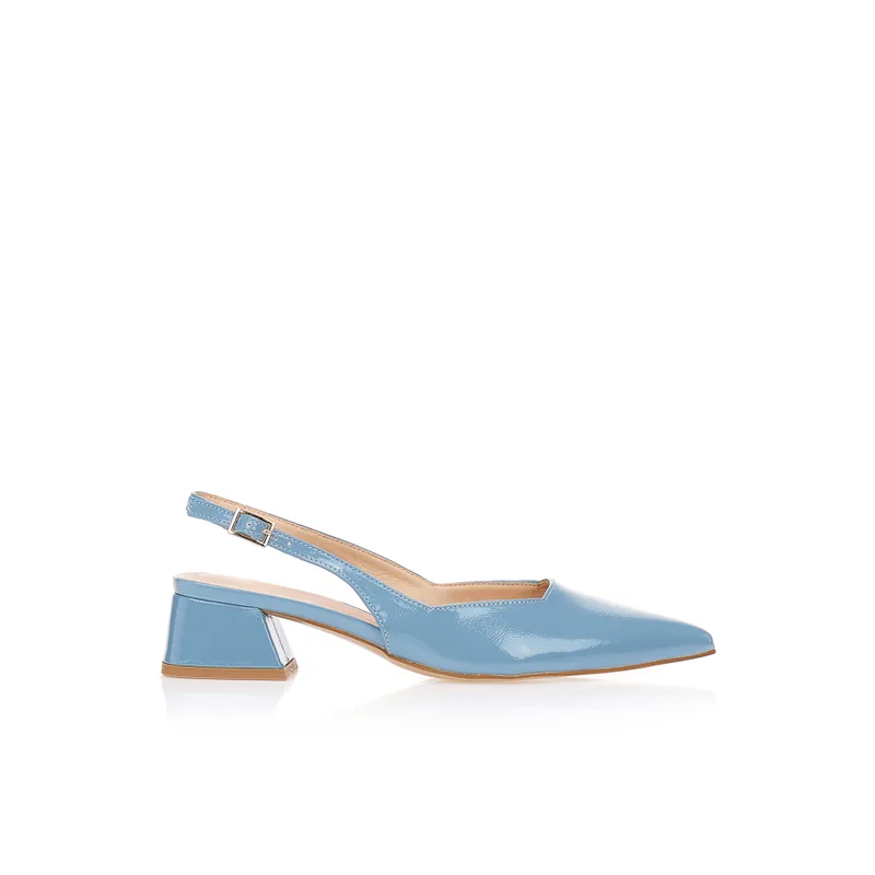 Γόβες λουστρίνι slingback με χοντρό τακούνι ΜΠΛΕ