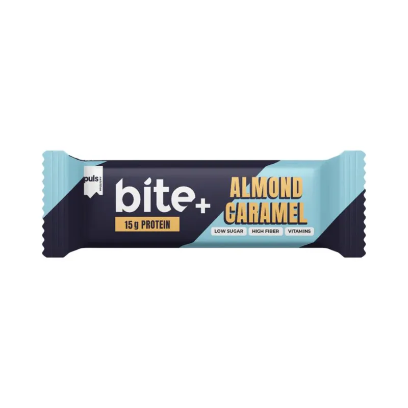 Πρωτεϊνική Μπάρα με Γεύση Almond Caramel Bite+ – Puls Nutrition – 50g Φινλανδία High Protein Source of Fibre Low Sugars No Sugar Added