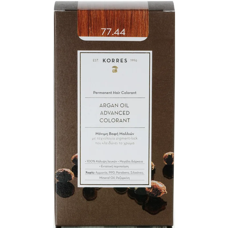 Korres Argan Oil Βαφή Μαλλιών Χωρίς Αμμωνία με Τεχνολογία Pigment-Lock που Κλειδώνει το Χρώμα 1 Τεμάχιο - 77.44 Ξανθό Έντονο Χάλκινο