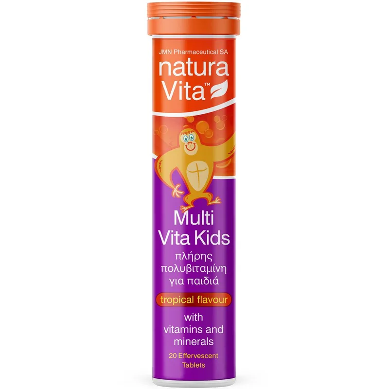 Natura Vita Multi Vita Kids Συμπλήρωμα Διατροφής Πολυβιταμινών & Μετάλλων για Παιδιά Άνω των 3 Ετών Υψηλής Ισχύος για Ενέργεια, Τόνωση & Κάλυψη Διατροφικών Ελλείψεων με Γεύση Τροπικά Φρούτα 20 Effer.tabs
