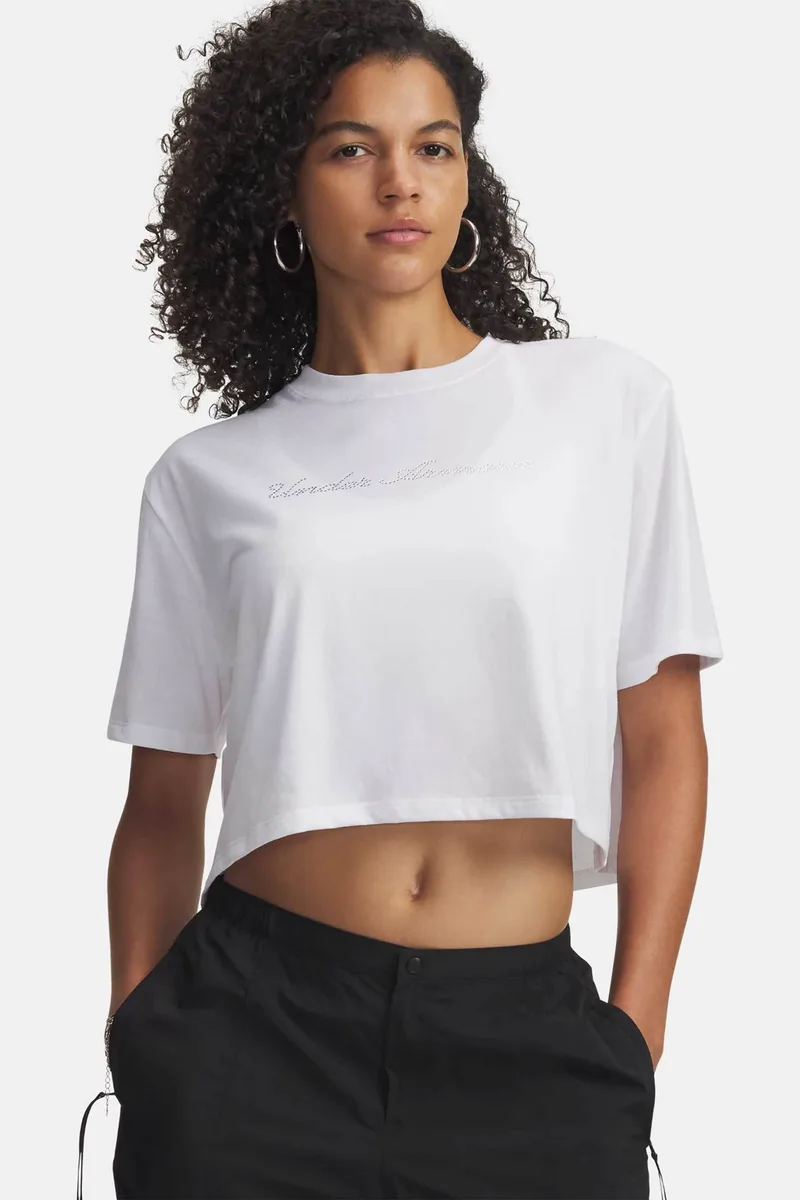 Under Armour γυναικείο T-shirt cropped με λογότυπο Loose Fit "UA Wordmark" - 6010588 Λευκό