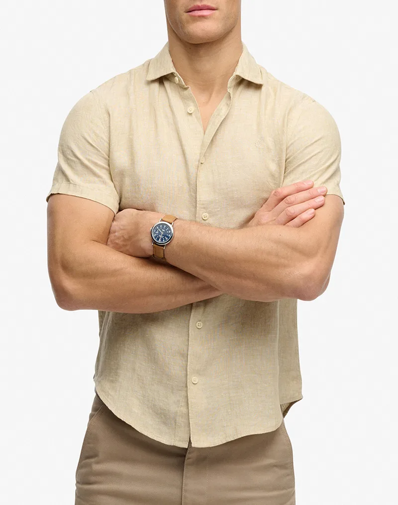 SUPERDRY D3 STUD RIVIERA S/S LINEN SHIRT ΠΟΥΚΑΜΙΣΟ ΑΝΔΡΙΚΟ M4011104A-J9H Biege