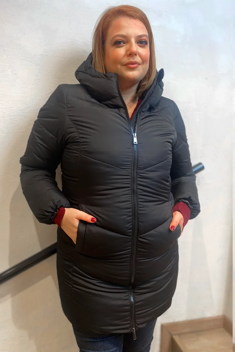 Puffer μακρύ μπουφάν με κουκούλα σε μαύρο χρώμα