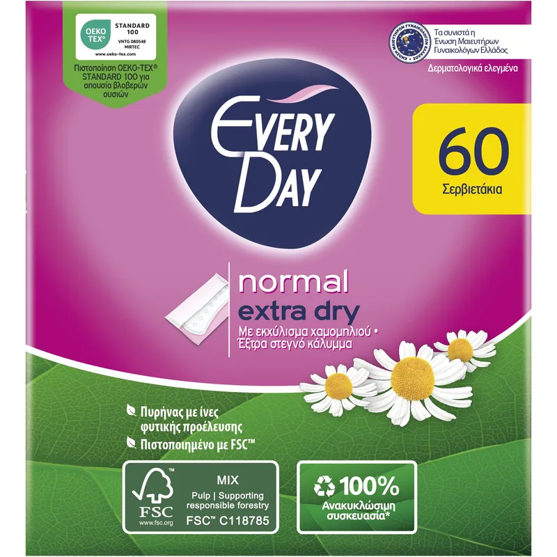 Every Day Normal Extra Dry Ανατομικά Σερβιετάκια Κανονικού Μήκους για Καθημερινή Προστασία, Άνεση & Σιγουριά με Εκχύλισμα Χαμομηλιού 60 Τεμάχια