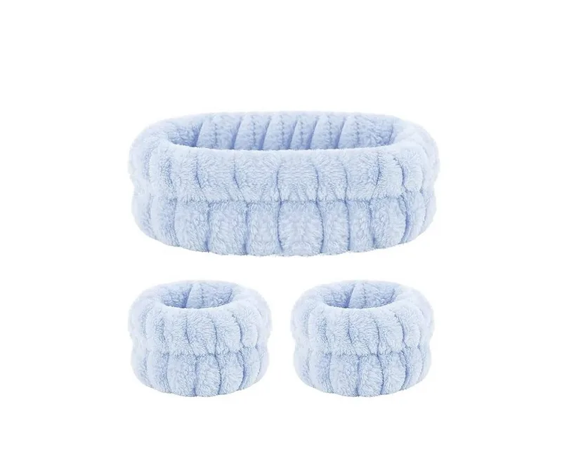 Bobby Warren Plush Facial Headband With Wristbands Set - Baby Blue (3pcs)