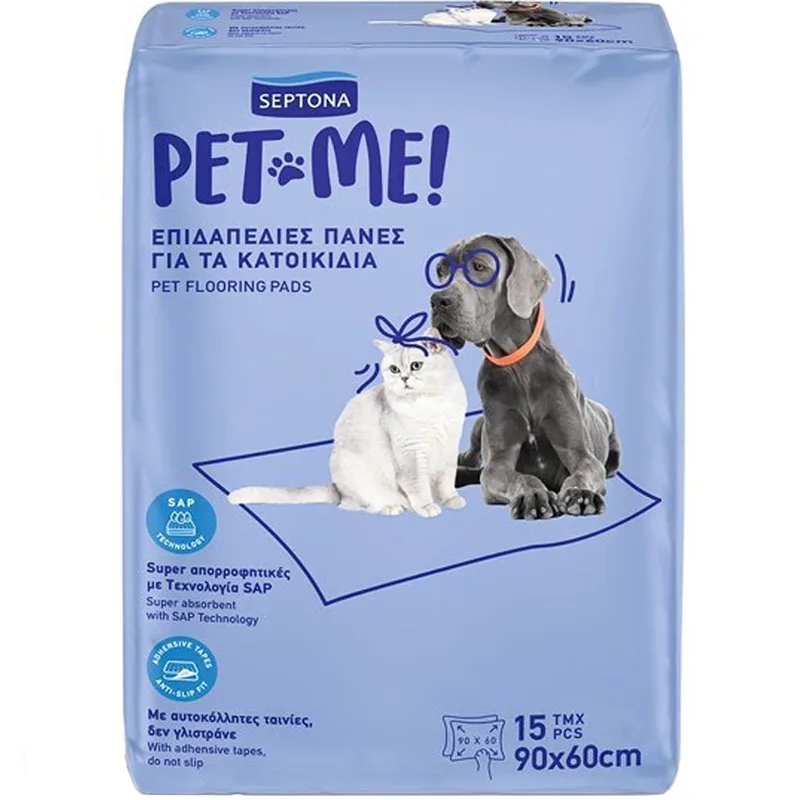 Septona Pet Me Flooring Pads Υπέρ Απορροφητικές Επιδαπέδιες Πάνες για Κατοικίδια με Αυτοκόλλητες Ταινίες Κατά της Ολίσθησης 90x60cm, 15 Τεμάχια