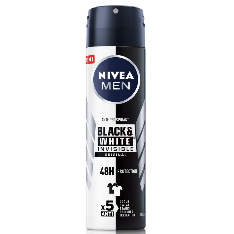 Nivea Men Invisible Black And White Original Anti-Perspirant Deodorant Spray Ανδρικό Αποσμητικό Spray 48ωρης Προστασίας, Κατά των Λευκών Σημαδιών 150ml