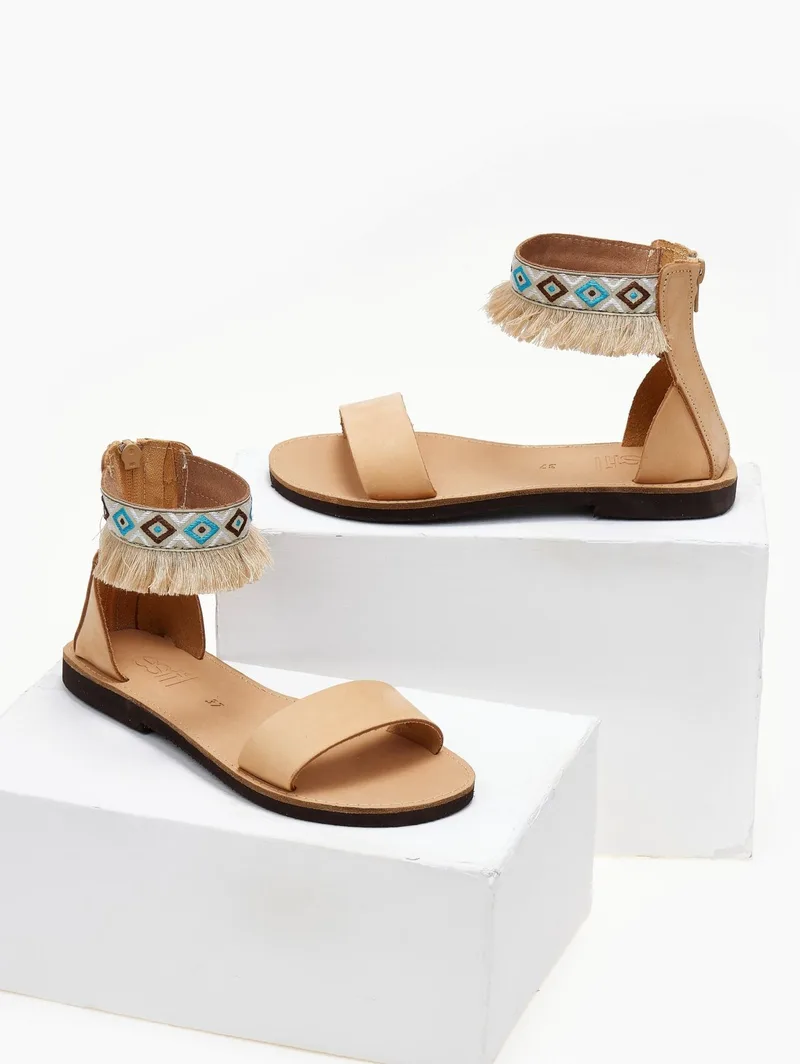 Estil Leather Boho Fringe Sandals - 203 - Natural