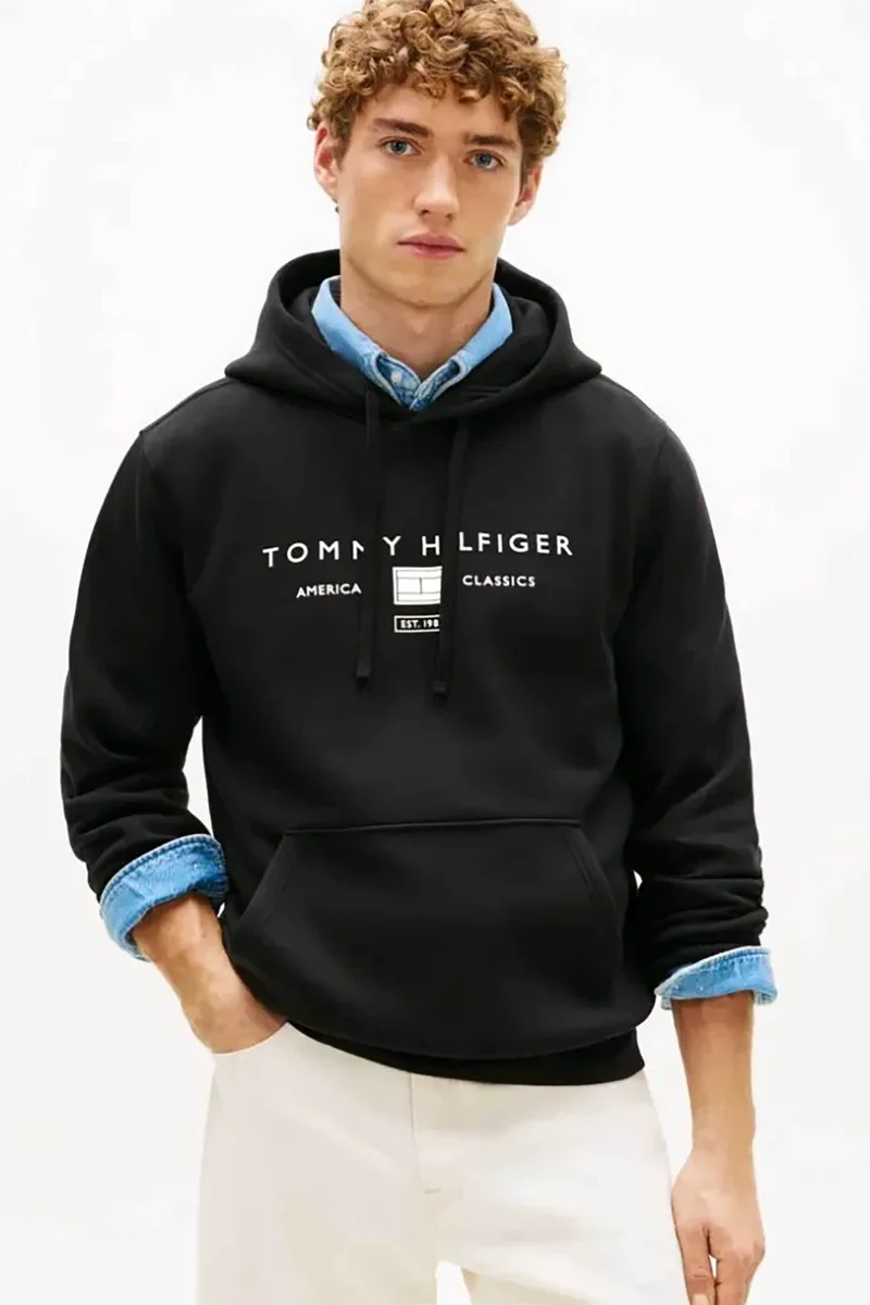 Tommy Hilfiger ανδρική μπλούζα φούτερ με κουκούλα και λογότυπο Regular Fit - MW0MW42464 Μαύρο