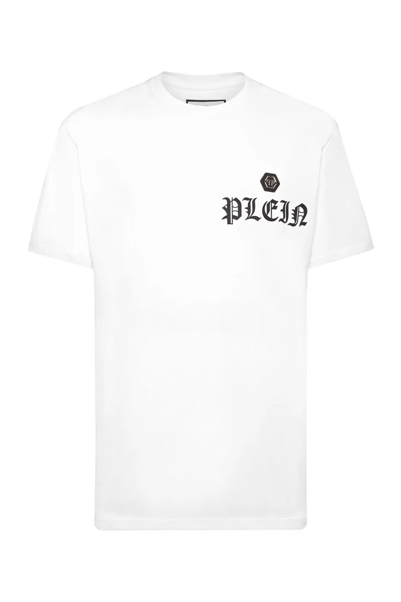 PHILIPP PLEIN T-SHIRT ROUND NECK SS GOTHIC PLEIN LOGO ΛΕΥΚΟ