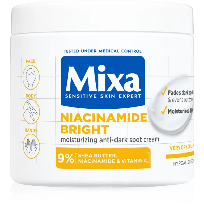 Mixa Niacinamide Bright εντατικά ενυδατική κρέμα για την αντιμετώπιση των μαύρων κηλίδων 400 ml