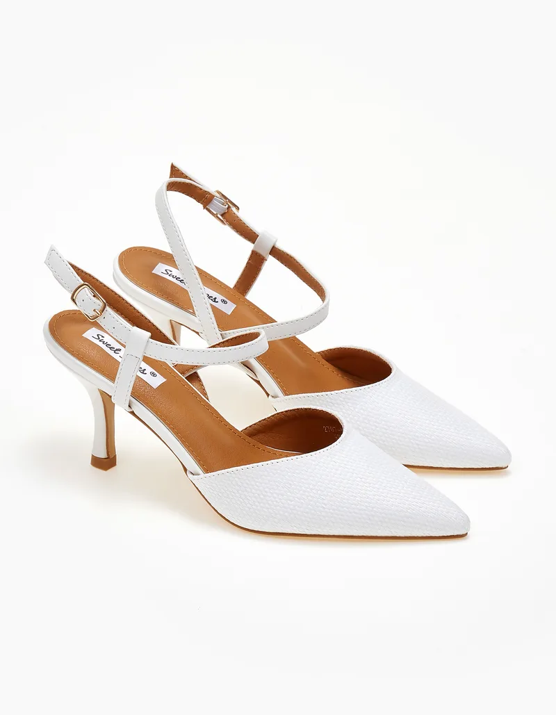 Open heel μυτερές γόβες με ψάθα και λεπτό τακούνι - Λευκό
